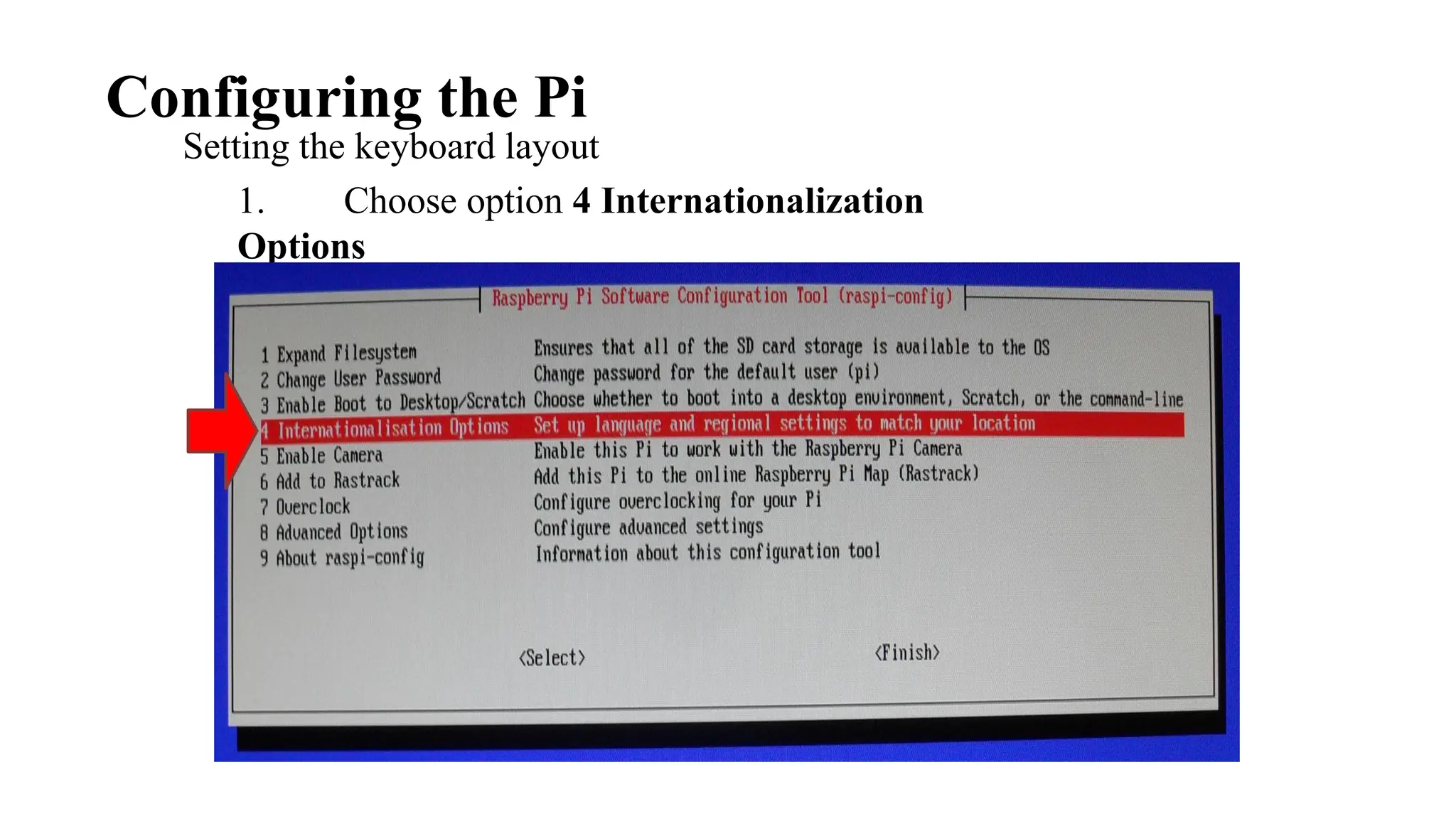 Setting the keyboard layout
1. Choose option 4 Internationalization
Options
Configuring the Pi
 