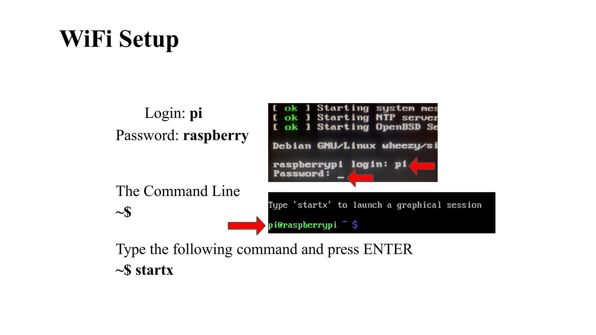 WiFi Setup
Login: pi
Password: raspberry
The Command Line
~$
Type the following command and press ENTER
~$ startx
 
