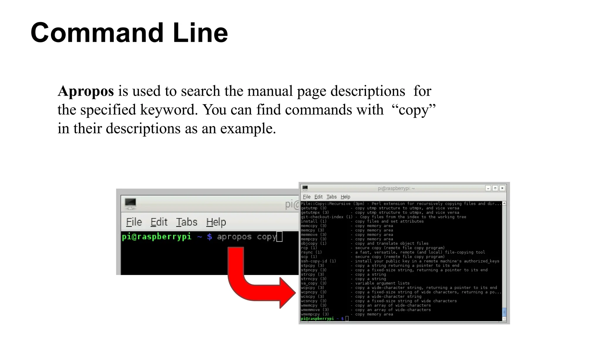 Command Line
Apropos is used to search the manual page descriptions for
the specified keyword. You can find commands with “copy”
in their descriptions as an example.
 