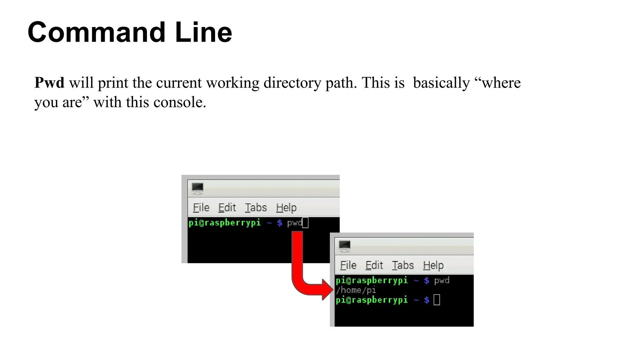 Command Line
Pwd will print the current working directory path. This is basically “where
you are” with this console.
 