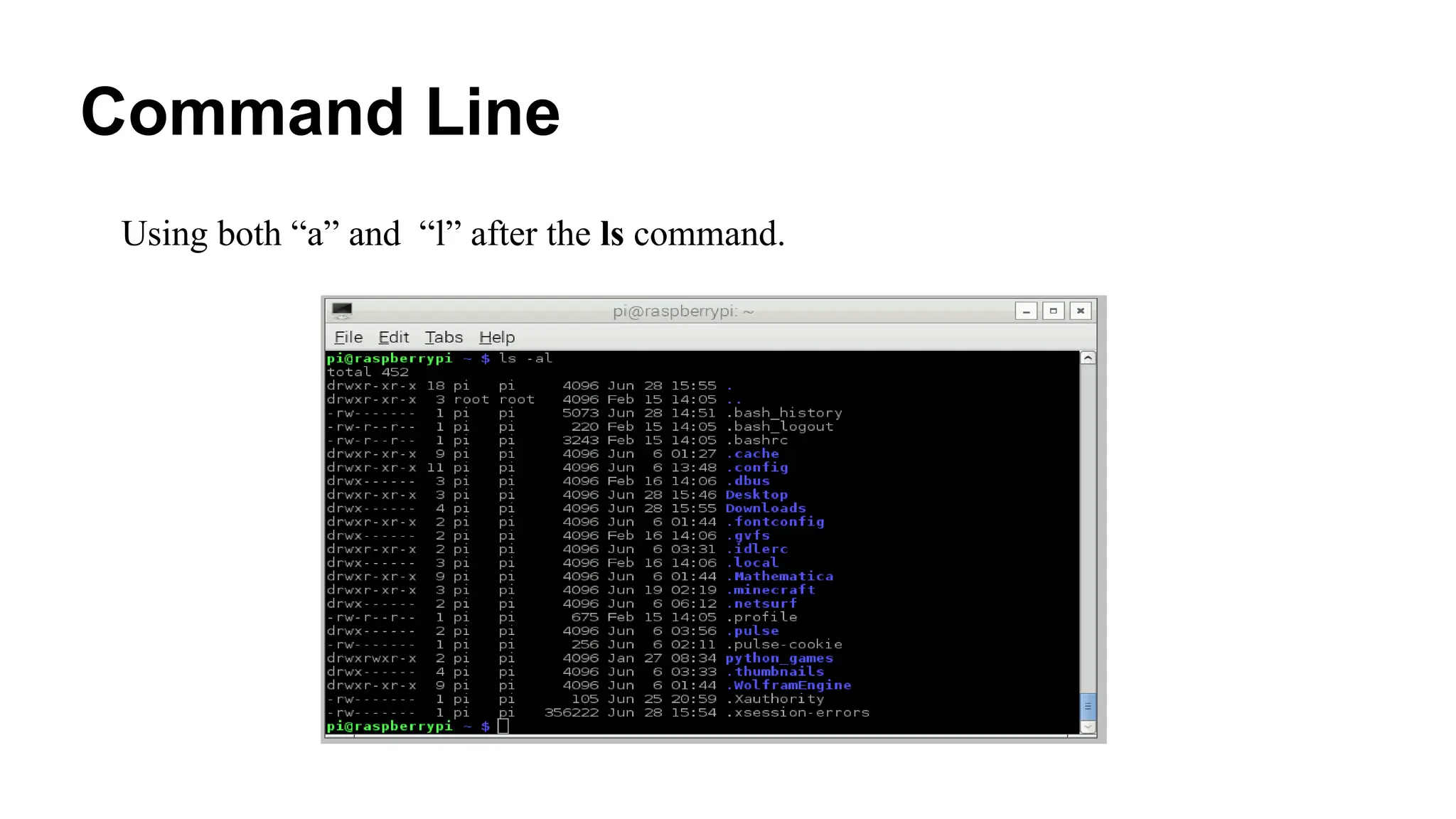 Command Line
Using both “a” and “l” after the ls command.
 