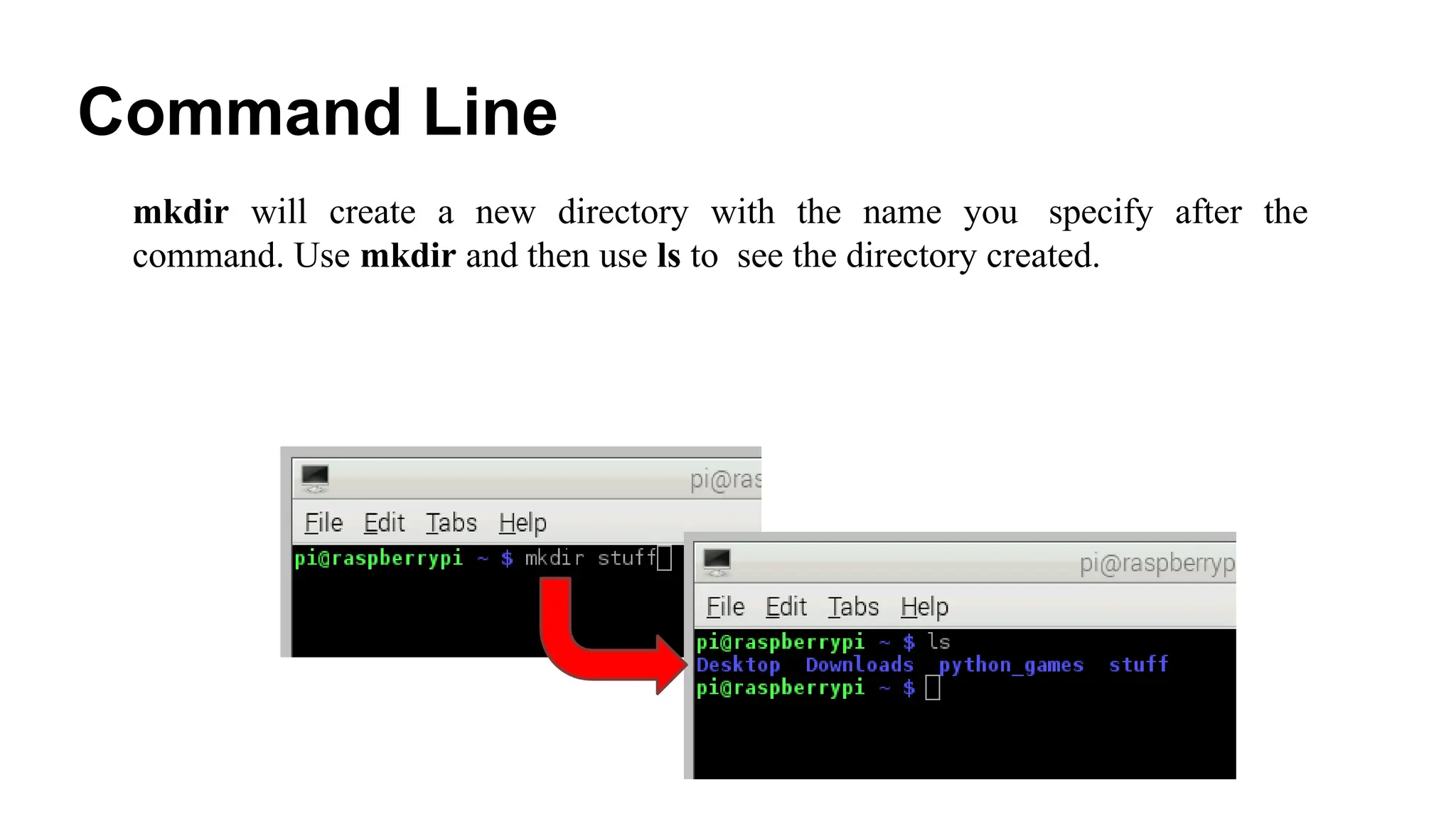 Command Line
mkdir will create a new directory with the name you specify after the
command. Use mkdir and then use ls to see the directory created.
 