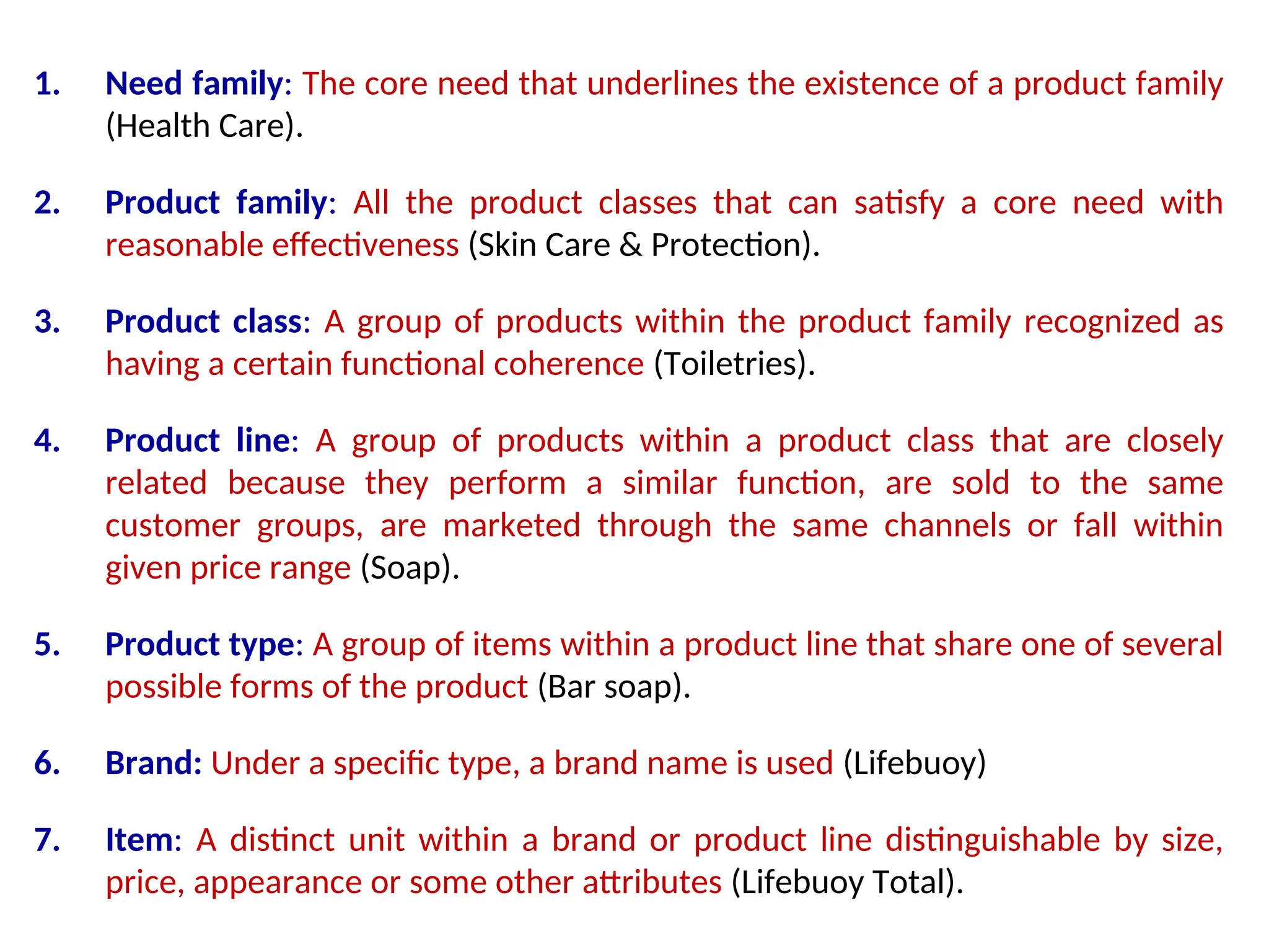 1. Need family: The core need that underlines the existence of a product family
(Health Care).
2. Product family: All the product classes that can satisfy a core need with
reasonable effectiveness (Skin Care & Protection).
3. Product class: A group of products within the product family recognized as
having a certain functional coherence (Toiletries).
4. Product line: A group of products within a product class that are closely
related because they perform a similar function, are sold to the same
customer groups, are marketed through the same channels or fall within
given price range (Soap).
5. Product type: A group of items within a product line that share one of several
possible forms of the product (Bar soap).
6. Brand: Under a specific type, a brand name is used (Lifebuoy)
7. Item: A distinct unit within a brand or product line distinguishable by size,
price, appearance or some other attributes (Lifebuoy Total).
 