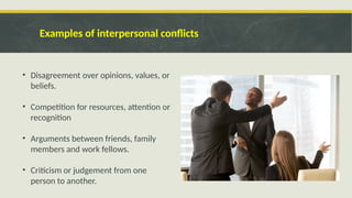Examples of interpersonal conflicts
• Disagreement over opinions, values, or
beliefs.
• Competition for resources, attention or
recognition
• Arguments between friends, family
members and work fellows.
• Criticism or judgement from one
person to another.
 