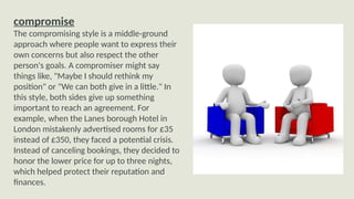 compromise
The compromising style is a middle-ground
approach where people want to express their
own concerns but also respect the other
person's goals. A compromiser might say
things like, "Maybe I should rethink my
position" or "We can both give in a little." In
this style, both sides give up something
important to reach an agreement. For
example, when the Lanes borough Hotel in
London mistakenly advertised rooms for £35
instead of £350, they faced a potential crisis.
Instead of canceling bookings, they decided to
honor the lower price for up to three nights,
which helped protect their reputation and
finances.
 