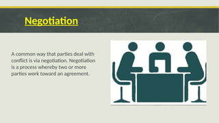 Negotiation
A common way that parties deal with
conflict is via negotiation. Negotiation
is a process whereby two or more
parties work toward an agreement.
 