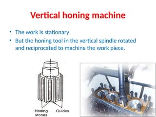 Vertical honing machine
• The work is stationary
• But the honing tool in the vertical spindle rotated
and reciprocated to machine the work piece.
 