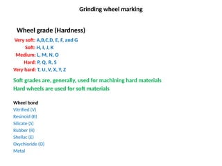 Grinding wheel marking
Wheel grade (Hardness)
Very soft: A,B,C,D, E, F, and G
Soft: H, I, J, K
Medium: L, M, N, O
Hard: P, Q, R, S
Very hard: T, U, V, X, Y, Z
Soft grades are, generally, used for machining hard materials
Hard wheels are used for soft materials
Wheel bond
Vitrified (V)
Resinoid (B)
Silicate (S)
Rubber (R)
Shellac (E)
Oxychloride (O)
Metal
 