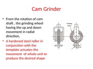 Cam Grinder
• From the rotation of cam
shaft , the grinding wheel
having the up and down
movement in radial
direction.
• A hardened steel roller in
conjunction with the
template actuates the
movement of whole unit to
produce the desired shape
 
