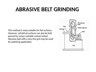 ABRASIVE BELT GRINDING
This method is most suitable for flat surfaces.
However, cylindrical surfaces can also be belt
ground by using a suitable contact wheel.
Abrasive belt with a very fine grit may be used
for polishing application.
 