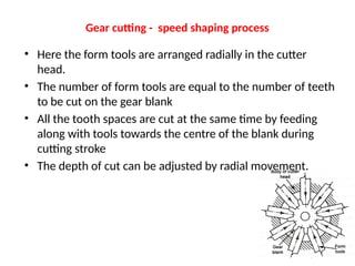 Gear cutting - speed shaping process
• Here the form tools are arranged radially in the cutter
head.
• The number of form tools are equal to the number of teeth
to be cut on the gear blank
• All the tooth spaces are cut at the same time by feeding
along with tools towards the centre of the blank during
cutting stroke
• The depth of cut can be adjusted by radial movement.
 