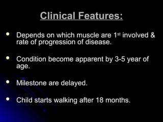 Clinical Features:
Clinical Features:
 Depends on which muscle are 1
Depends on which muscle are 1st
st
involved &
involved &
rate of progression of disease.
rate of progression of disease.
 Condition become apparent by 3-5 year of
Condition become apparent by 3-5 year of
age.
age.
 Milestone are delayed.
Milestone are delayed.
 Child starts walking after 18 months.
Child starts walking after 18 months.
 