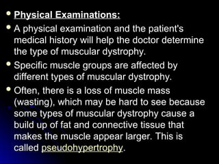  Physical Examinations:
Physical Examinations:
 A physical examination and the patient's
A physical examination and the patient's
medical history will help the doctor determine
medical history will help the doctor determine
the type of muscular dystrophy.
the type of muscular dystrophy.
 Specific muscle groups are affected by
Specific muscle groups are affected by
different types of muscular dystrophy.
different types of muscular dystrophy.
 Often, there is a loss of muscle mass
Often, there is a loss of muscle mass
(wasting), which may be hard to see because
(wasting), which may be hard to see because
some types of muscular dystrophy cause a
some types of muscular dystrophy cause a
build up of fat and connective tissue that
build up of fat and connective tissue that
makes the muscle appear larger. This is
makes the muscle appear larger. This is
called
called pseudohypertrophy.
.
 