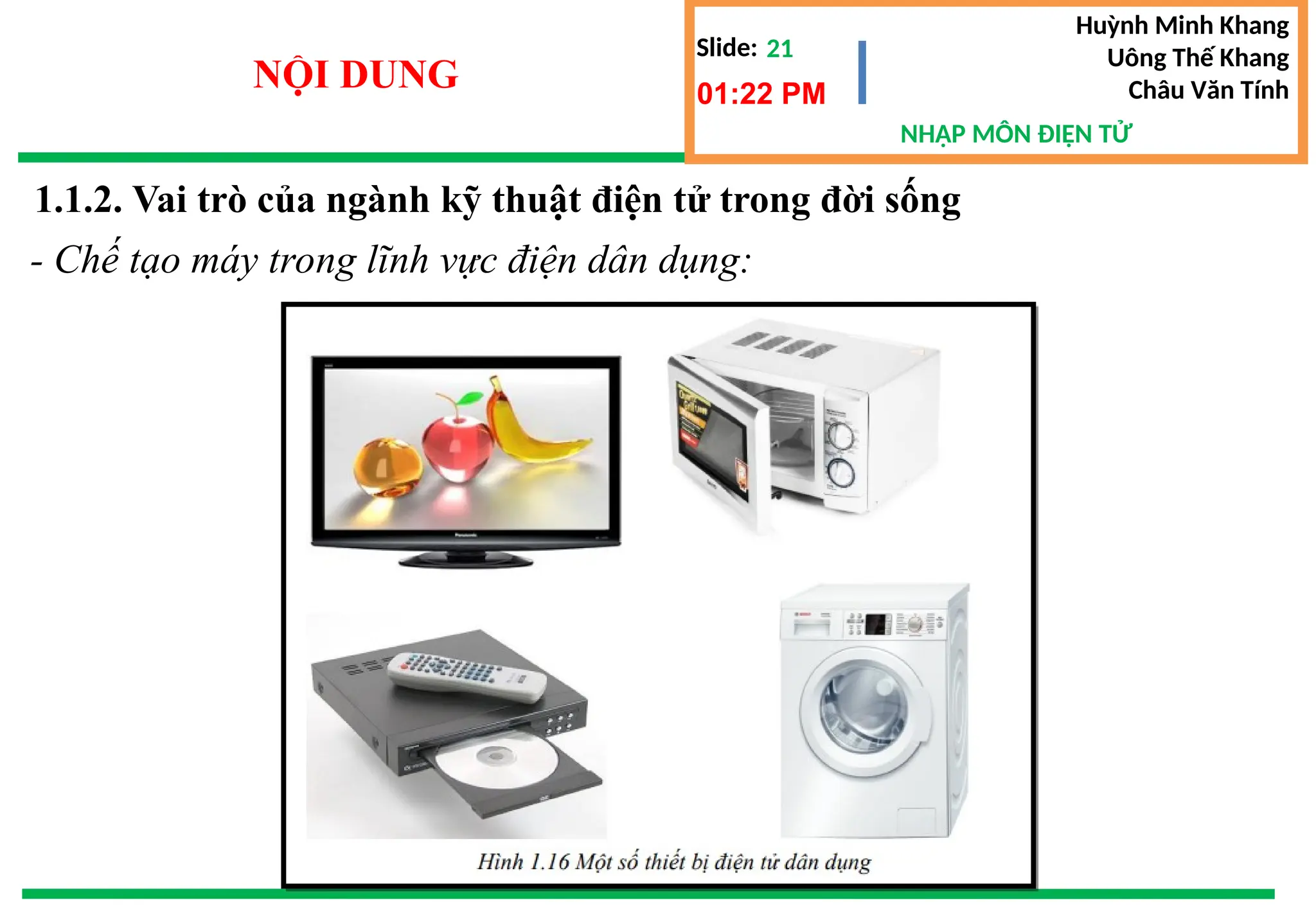 Slide:
NHẬP MÔN ĐIỆN TỬ
Huỳnh Minh Khang
Uông Thế Khang
Châu Văn Tính
21
NỘI DUNG 01:22 PM
1.1.2. Vai trò của ngành kỹ thuật điện tử trong đời sống
- Chế tạo máy trong lĩnh vực điện dân dụng:
 