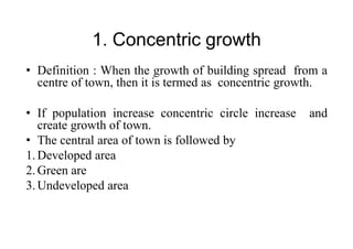 1. Concentric growth
• Definition : When the growth of building spread from a
centre of town, then it is termed as concentric growth.
• If population increase concentric circle increase and
create growth of town.
• The central area of town is followed by
1.Developed area
2.Green are
3.Undeveloped area
 