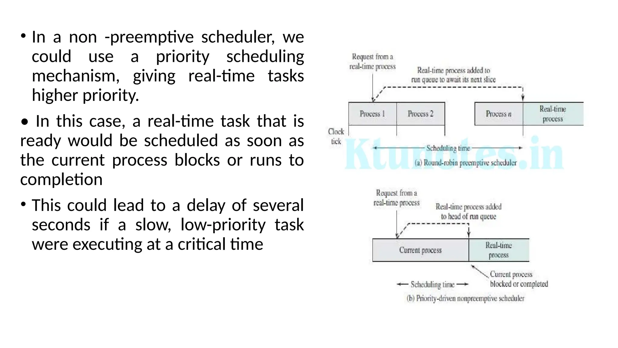 • In a non -preemptive scheduler, we
could use a priority scheduling
mechanism, giving real-time tasks
higher priority.
• In this case, a real-time task that is
ready would be scheduled as soon as
the current process blocks or runs to
completion
• This could lead to a delay of several
seconds if a slow, low-priority task
were executing at a critical time
 
