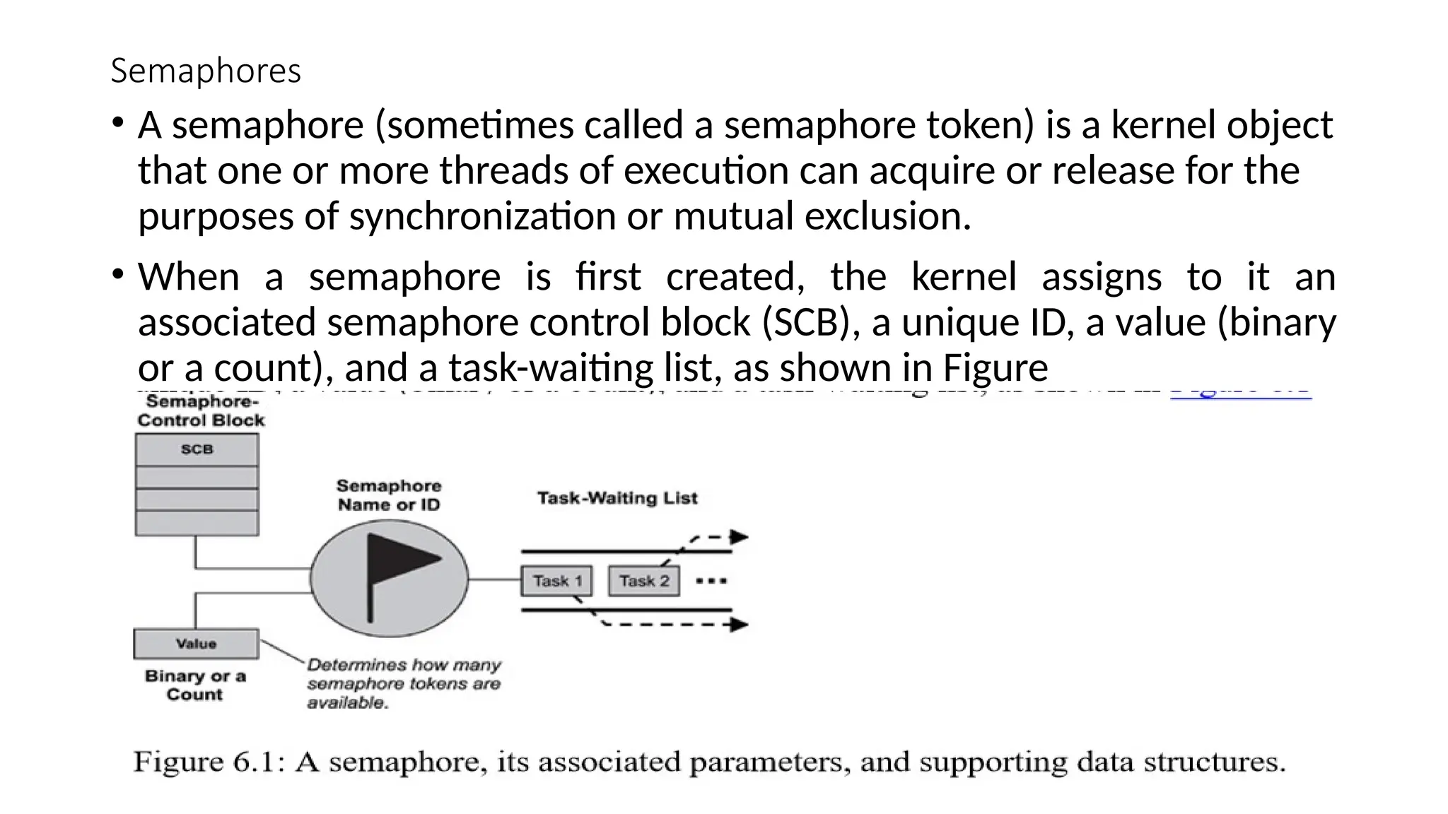 Semaphores
• A semaphore (sometimes called a semaphore token) is a kernel object
that one or more threads of execution can acquire or release for the
purposes of synchronization or mutual exclusion.
• When a semaphore is first created, the kernel assigns to it an
associated semaphore control block (SCB), a unique ID, a value (binary
or a count), and a task-waiting list, as shown in Figure
 