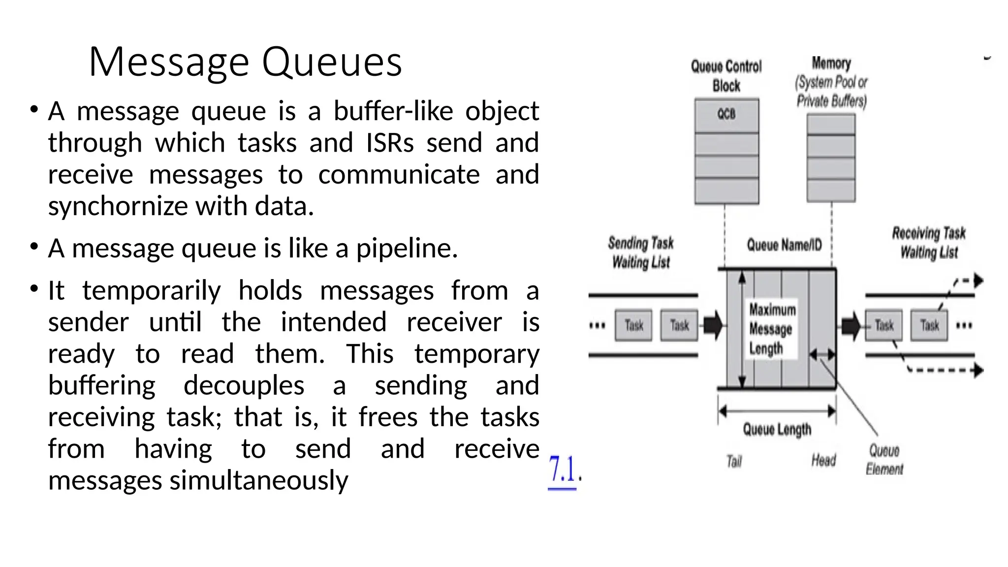 Message Queues
• A message queue is a buffer-like object
through which tasks and ISRs send and
receive messages to communicate and
synchornize with data.
• A message queue is like a pipeline.
• It temporarily holds messages from a
sender until the intended receiver is
ready to read them. This temporary
buffering decouples a sending and
receiving task; that is, it frees the tasks
from having to send and receive
messages simultaneously
 