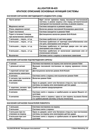 ALLIGATOR M-425 “Инструкция пользователя” © Saturn Marketing, Ltd.16
ALLIGATOR М-425
КРАТКОЕ ОПИСАНИЕ ОСНОВНЫХ ФУНКЦИЙ СИСТЕМЫ
ЗНАЧЕНИЯ СИГНАЛОВ СВЕТОДИОДНОГО ИНДИКАТОРА (СИД):
Часто мигает Идет отсчет времени перед пассивной постановкой
системы в режим охраны или перед автоматической
повторной постановкой системы в режим охраны
Медленно мигает Система находится в режиме охраны
Очень медленно мигает Включен режим пассивной блокировки двигателя
Горит постоянно Система находится в режиме Valet
Горит в течение 5 секунд
при включенном зажигании
Дистанционно включен режим Anti-HiJack
1 вспышка ... пауза... и т.д. Система сработала от датчика удара
2 вспышки ... пауза... и т.д. Система сработала от триггера капота/багажника или
эта цепь неисправна или открыта
3 вспышки ... пауза... и т.д. Система сработала от триггера двери или эта цепь
неисправна или открыта
4 вспышки ... пауза... и т.д. Система сработала от включения зажигания или от
отключения питания
Выключен Система снята с охраны и включено зажигание
ЗНАЧЕНИЯ СИГНАЛОВ ПОДТВЕРЖДЕНИЯ СИРЕНЫ
1 сигнал Система поставлена на охрану или включен режим Valet
1 длинный сигнал Функция пассивной постановки на охрану временно отклю-
чена
1 короткий сигнал при
включенном зажигании
Дистанционно включен режим Anti-HiJack
2 сигнала Система снята с охраны или выключен режим Valet
2 сигнала при выключе-
нии зажигания
Включен режим Valet
3 сигнала Одна из дверей, капот или багажник открыты при постановке
системы на охрану или неисправен датчик удара
3 коротких сигнала при
включенной охране
Сработал режим предупреждения
4 сигнала Система снята с охраны и срабатывала за время Вашего от-
сутствия
5 сигналов Система снята с охраны; одна из зон охраны вызвала более
3-х срабатываний системы и была отключена
ЗНАЧЕНИЯ СИГНАЛОВ УКАЗАТЕЛЕЙ ПОВОРОТА
1 вспышка Система поставлена на охрану
2 вспышки Система снята с охраны
3 вспышки при по-
становке на охрану
Одна из дверей, капот или багажник открыты при постановке
системы на охрану или неисправен датчик удара
4 вспышки при сня-
тии с охраны
Система снята с охраны и срабатывала за время Вашего от-
сутствия
 