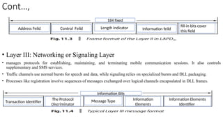 Cont…,
• Layer III: Networking or Signaling Layer
• manages protocols for establishing, maintaining, and terminating mobile communication sessions. It also controls
supplementary and SMS services.
• Traffic channels use normal bursts for speech and data, while signaling relies on specialized bursts and DLL packaging.
• Processes like registration involve sequences of messages exchanged over logical channels encapsulated in DLL frames.
184 fixed
Address Feild Control Feild Length indicator Information feild
fill-in bits cover
this field
Information Bits
Transaction Identifier
The Protocol
Discriminator
Message Type Information
Elements
Information Elements
Identifier
 