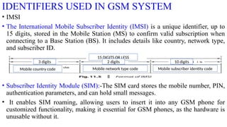 IDENTIFIERS USED IN GSM SYSTEM
• IMSI
• The International Mobile Subscriber Identity (IMSI) is a unique identifier, up to
15 digits, stored in the Mobile Station (MS) to confirm valid subscription when
connecting to a Base Station (BS). It includes details like country, network type,
and subscriber ID.
• Subscriber Identity Module (SIM):-The SIM card stores the mobile number, PIN,
authentication parameters, and can hold small messages.
• It enables SIM roaming, allowing users to insert it into any GSM phone for
customized functionality, making it essential for GSM phones, as the hardware is
unusable without it.
15 DIGITS OR LESS
3 digits 2 digits 10 digits
Mobile country code Mobile network type code Mobile subscriber identity code
 