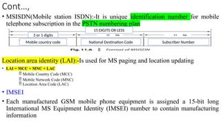 Cont…,
• MSISDN(Mobile station ISDN):-It is unique identification number for mobile
telephone subscription in the PSTN numbering plan
Location area identity (LAI):-Is used for MS paging and location updating
• LAI = MCC + MNC + LAC
 Mobile Country Code (MCC)
 Mobile Network Code (MNC)
 Location Area Code (LAC)
• IMSEI
• Each manufactured GSM mobile phone equipment is assigned a 15-bit long
International MS Equipment Identity (IMSEI) number to contain manufacturing
information
15 DIGITS OR LESS
3 or 1 digits
Mobile country code National Destination Code Subscriber Number
 