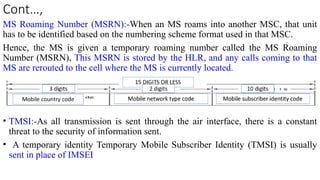 Cont…,
MS Roaming Number (MSRN):-When an MS roams into another MSC, that unit
has to be identified based on the numbering scheme format used in that MSC.
Hence, the MS is given a temporary roaming number called the MS Roaming
Number (MSRN), This MSRN is stored by the HLR, and any calls coming to that
MS are rerouted to the cell where the MS is currently located.
• TMSI:-As all transmission is sent through the air interface, there is a constant
threat to the security of information sent.
• A temporary identity Temporary Mobile Subscriber Identity (TMSI) is usually
sent in place of IMSEI
 