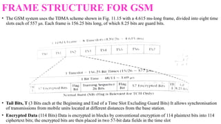 FRAME STRUCTURE FOR GSM
• The GSM system uses the TDMA scheme shown in Fig. 11.15 with a 4.615 ms-long frame, divided into eight time
slots each of 557 μs. Each frame is 156.25 bits long, of which 8.25 bits are guard bits.
• Tail Bits, T (3 Bits each at the Beginning and End of a Time Slot Excluding Guard Bits) It allows synchronisation
of transmissions from mobile units located at different distances from the base station.
• Encrypted Data (114 Bits) Data is encrypted in blocks by conventional encryption of 114 plaintext bits into 114
ciphertext bits; the encrypted bits are then placed in two 57-bit data fields in the time slot
 
