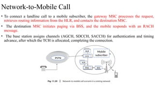 Network-to-Mobile Call
• To connect a landline call to a mobile subscriber, the gateway MSC processes the request,
retrieves routing information from the HLR, and contacts the destination MSC.
• The destination MSC initiates paging via BSS, and the mobile responds with an RACH
message.
• The base station assigns channels (AGCH, SDCCH, SACCH) for authentication and timing
advance, after which the TCH is allocated, completing the connection.
PSTN
GMSC
MSC
HLR
VLR
BSS
Mobile
subscriber
 