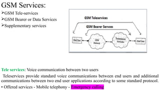 GSM Services:
GSM Tele-services
GSM Bearer or Data Services
Supplementary services
Tele services: Voice communication between two users
Teleservices provide standard voice communications between end users and additional
communications between two end user applications according to some standard protocol.
• Offered services - Mobile telephony - Emergency calling
 