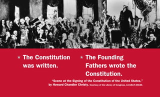 H	The Constitution
was written.
H	The Founding
Fathers wrote the
Constitution.
“Scene at the Signing of the Constitution of the United States,”
by Howard Chandler Christy. Courtesy of the Library of Congress, LC-USA7-34630.
 