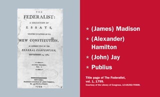 H	(James) Madison
H	(Alexander)
Hamilton
H	(John) Jay
H	Publius
Title page of The Federalist,
vol. 1, 1799.
Courtesy of the Library of Congress, LC-USZ62-70508.
 