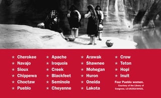 H	Cherokee
H	Navajo
H	Sioux
H	Chippewa
H	Choctaw
H	Pueblo
H	Arawak
H	Shawnee
H	Mohegan
H	Huron
H	Oneida
H	Lakota
H	Apache
H	Iroquois
H	Creek
H	Blackfeet
H	Seminole
H	Cheyenne
H	Crow
H	Teton
H	Hopi
H	Inuit
Four Pueblo women.
Courtesy of the Library of
Congress, LC-USZ62-54421.
 
