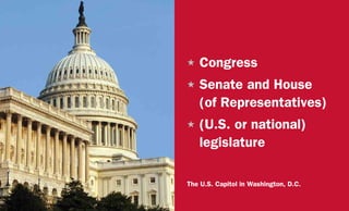 H	Congress
H	Senate and House
(of Representatives)
H	(U.S. or national)
legislature
The U.S. Capitol in Washington, D.C.
 