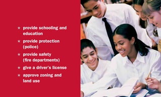 H	 provide schooling and
education
H	 provide protection
(police)
H	 provide safety
(fire departments)
H	 give a driver’s license
H	 approve zoning and
land use
 