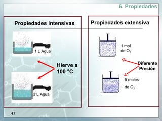 6. Propiedades


 Propiedades intensivas       Propiedades extensiva



                                        1 mol
        1 L Agua                        de O2


                   Hierve a                       Diferente
                                                  Presión
                   100 °C
                                          5 moles
                                          de O2
       3 L Agua



47
 