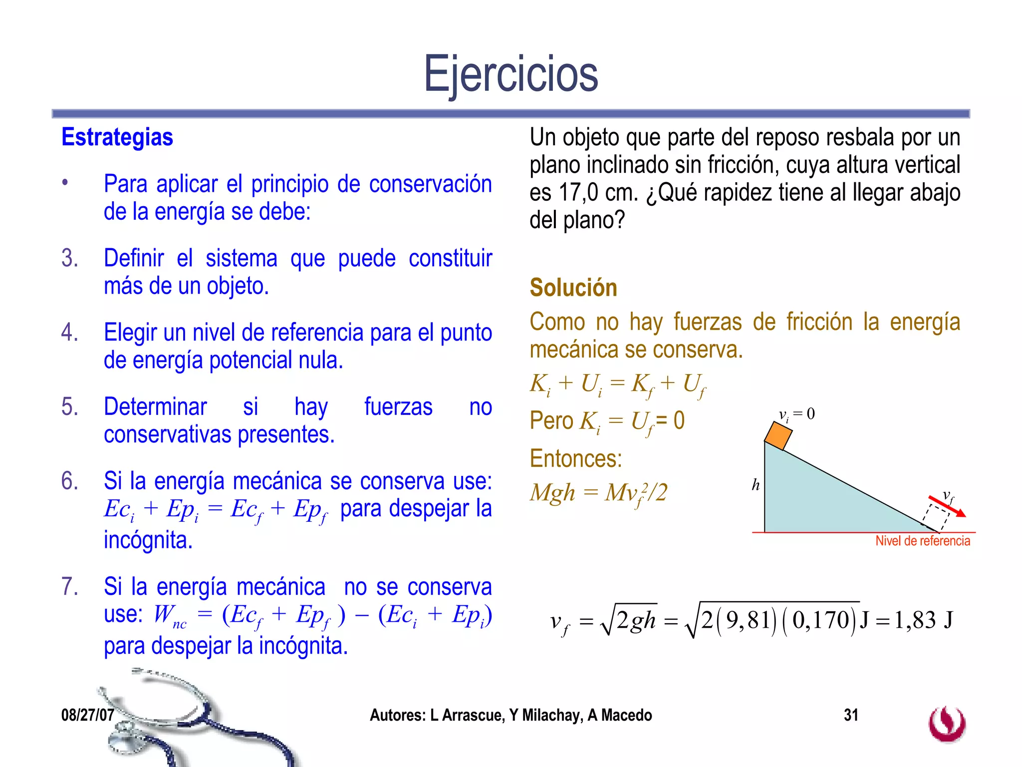 Ejercicios Estrategias Para aplicar el principio de conservación de la energía se debe: Definir el sistema que puede constituir más de un objeto. Elegir un nivel de referencia para el punto de energía potencial nula. Determinar si hay fuerzas no conservativas presentes. Si la energía mecánica se conserva use:  Ec i  + Ep i  = Ec f  + Ep f   para despejar la incógnita. Si la energía mecánica  no se conserva use:  W nc  =  ( Ec f  + Ep f   )    ( Ec i  + Ep i )  para despejar la incógnita. Un objeto que parte del reposo resbala por un plano inclinado sin fricción, cuya altura vertical es 17,0 cm. ¿Qué rapidez tiene al llegar abajo del plano?  Solución Como no hay fuerzas de fricción la energía mecánica se conserva. K i  + U i  = K f  + U f Pero  K i  = U f  = 0 Entonces: Mgh = Mv f 2 /2 h v i  = 0 v f Nivel de referencia 