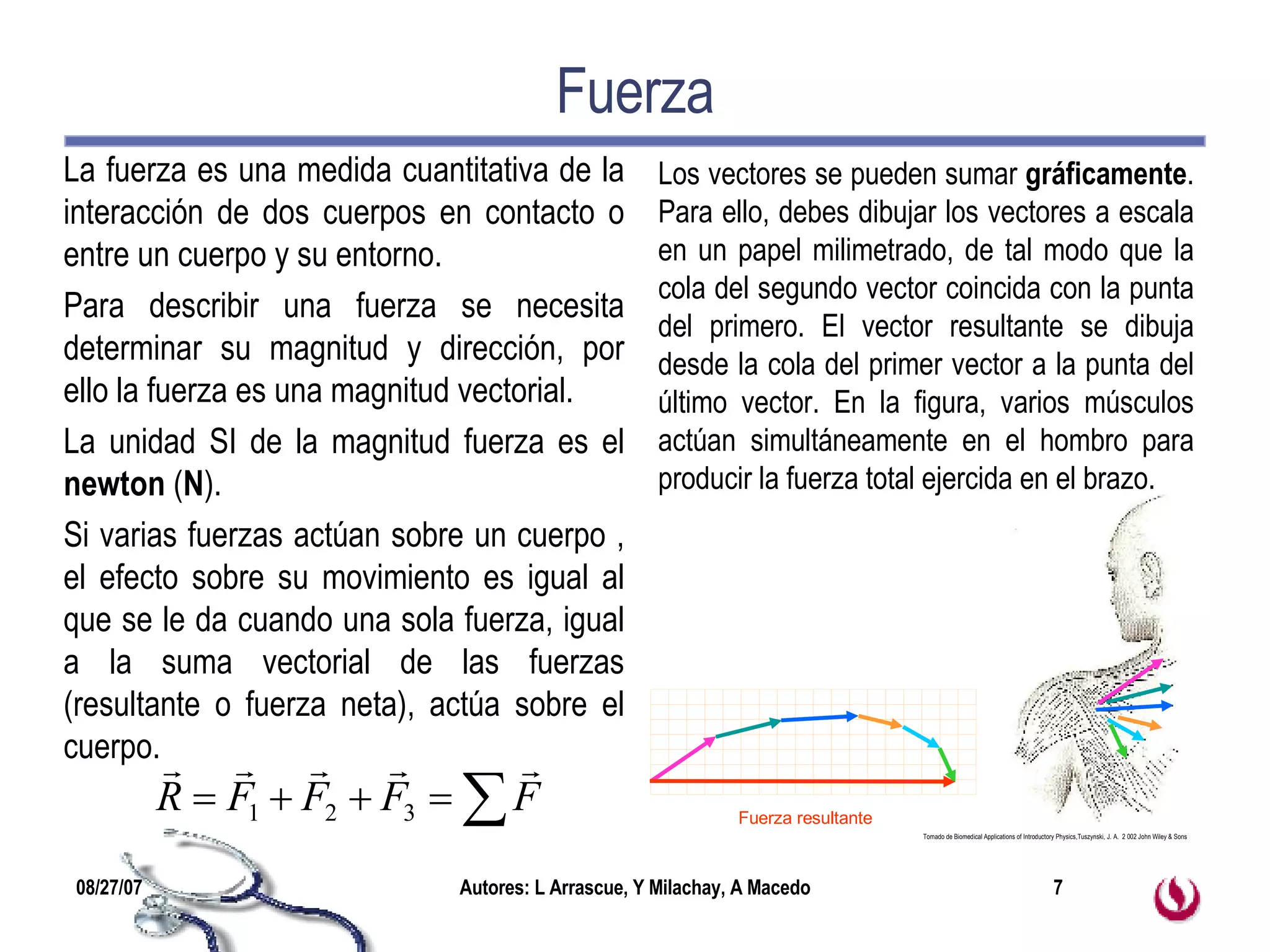 Fuerza La fuerza es una medida cuantitativa de la interacción de dos cuerpos en contacto o entre un cuerpo y su entorno. Para describir una fuerza se necesita determinar su magnitud y dirección, por ello la fuerza es una magnitud vectorial.  La unidad SI de la magnitud fuerza es el  newton  ( N ). Si varias fuerzas actúan sobre un cuerpo , el efecto sobre su movimiento es igual al que se le da cuando una sola fuerza, igual a la suma vectorial de las fuerzas (resultante o fuerza neta), actúa sobre el cuerpo.  Los vectores se pueden sumar  gráficamente . Para ello, debes dibujar los vectores a escala en un papel milimetrado, de tal modo que la cola del segundo vector coincida con la punta del primero. El vector resultante se dibuja desde la cola del primer vector a la punta del último vector. En la figura, varios músculos actúan simultáneamente en el hombro para producir la fuerza total ejercida en el brazo.  Tomado de Biomedical Applications of Introductory Physics,Tuszynski, J. A.  2 002 John Wiley & Sons Fuerza resultante 
