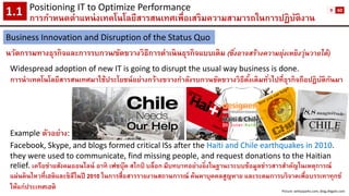 Positioning IT to Optimize Performance 
การกาหนดตาแหน่งเทคโนโลยีสารสนเทศเพื่อเสริมความสามารถในการปฏิบัติงาน1.1 
Business Innovation and Disruption of the Status Quo 
นวัตกรรมทางธุรกิจและการรบกวน/ขัดขวางวิธีการดาเนินธุรกิจแบบเดิม (ซึ่งอาจสร้างความยุ่งเหยิงวุ่นวายได้) 
Widespread adoption of new IT is going to disrupt the usual way business is done. 
การนาเทคโนโลยีสารสนเทศมาใช้ประโยชน์อย่างกว้างขวางกาลังรบกวนขัดขวางวิธีดั้งเดิมทั่วไปที่ธุรกิจถือปฏิบัติกันมา 
Example ตัวอย่าง: 
Facebook, Skype, and blogs formed critical ISs after the Haiti and Chile earthquakes in 2010. they were used to communicate, find missing people, and request donations to the Haitian relief. เครือข่ายสังคมออนไลน์ อาทิ เฟซบุ๊คสไกป์บล็อก มีบทบาทอย่างยิ่งในฐานะระบบข้อมูลข่าวสารสาคัญในเหตุการณ์ แผ่นดินไหวที่เฮติและชิลีในปี 2010 ในการสื่อสารรายงานสถานการณ์ ค้นหาบุคคลสูญหาย และระดมการบริจาคเพื่อบรรเทาทุกข์ ให้แก่ประเทศเฮติ 
Picture: wittysparks.com, blog.dhgate.com 
9 
60  
