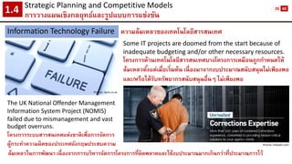 Strategic Planning and CompetitiveModels 
การวางแผนเชิงกลยุทธ์และรูปแบบการแข่งขัน1.4 
Information Technology Failure 
ความล้มเหลวของเทคโนโลยีสารสนเทศ 
Picture: itpro.co.uk 
Some IT projects are doomed from the start because of inadequate budgeting and/or other necessary resources. 
โครงการด้านเทคโนโลยีสารสนเทศบางโครงการเหมือนถูกกาหนดให้ ล้มเหลวตั้งแต่เมื่อเริ่มต้น เนื่องมาจากงบประมาณสนับสนุนไม่เพียงพอ และ/หรือได้รับทรัพยากรสนับสนุนอื่นๆ ไม่เพียงพอ 
The UK National Offender Management Information System Project (NOMIS) failed due to mismanagement and vast budget overruns. 
โครงการระบบสารสนเทศแห่งชาติเพื่อการจัดการ ผู้กระทาความผิดของประเทศอังกฤษประสบความ 
Picture: linkedin.com 
ล้มเหลวในการพัฒนา เนื่องจากการบริหารจัดการโครงการที่ผิดพลาดและใช้งบประมาณมากเกินกว่าที่ประมาณการไว้ 
26 
60  