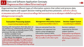 Data and Software Application Concepts 
ข้อมูลและแนวคิดการพัฒนาโปรแกรมประยุกต์2.1 
Organizations have different types of information systems that collect and process data, distribute reports and support decision making and business processes. องค์กรต่างๆ มีระบบ สารสนเทศหลายประเภทที่รวบรวมและประมวลข้อมูล จัดทาและแจกจ่ายรายงาน สนับสนุนการตัดสินใจทางธุรกิจและ สนับสนุนกระบวนการทางธุรกิจ 
TPS: 
Transaction Processing System 
ระบบการประมวลผลทางธุรกิจ 
MIS: 
ManagementInformation System 
ระบบสารสนเทศเพื่อการจัดการ 
DSS: 
Decision Support System 
ระบบสนับสนุนการตัดสินใจ 
Starting with transactions that take place at an interface e.g. withdrawing cash from an ATM, a transaction processing system (TPS) processes the data as follows: 
•Verifies available funds 
•Subtracts withdrawn amount updating the data in the database 
เริ่มต้นในจุดที่เชื่อมต่อกับผู้ใช้เช่น ข้อมูลที่เก็บตั้งแต่ ลูกค้าถอนเงินสดจากตู้เอทีเอ็ม ระบบประมวลผลทาง ธุรกิจจะตรวจสอบยอดเงินคงเหลือในตู้กดเงินหักลบ กับยอดที่ถูกถอนออกไป แจ้งข้อมูลปัจจุบันในฐานข้อมูล 
Data are extracted from the database and organized into reports using management information systems (MIS). 
ข้อมูลถูกสกัดจากฐานข้อมูลและจัดลาดับให้ เป็นรายงานเพื่อการบริหารจัดการธุรกิจ 
Decision making is supported by Decision support Systems 
ข้อมูลถูกสกัดจากฐานข้อมูลและ วิเคราะห์เป็นรูปแบบจาลองต่างๆ เพื่อสนับสนุนการตัดสินใจทาง ธุรกิจ 
36 
60  