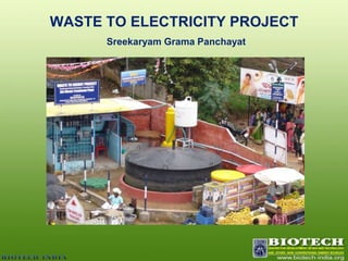 ECO FRIENDLY WASTE TO ELECTRICITY PLANT DEVELOPED BY BIOTECHFASTDEGRDA-BLEDIGESTOR(REACTOR)BIO GASGASFILTERPRE DIGESTER1DEGRDA-BLEWASTEGENE-RATORTREATEDSLURRYSLOWDEGRDA-BLEPRE DIGESTER2WASTEELECTRI-CITYORGANICMANURELIQUID FERTLIZERSTREETLIGHT