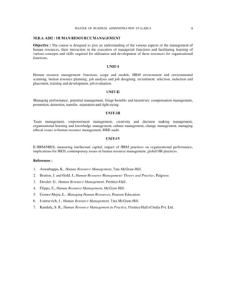 MASTER OF BUSINESS ADMINISTRATION SYLLABUS                                   9

M.B.A. 6202 : HUMAN RESOURCE MANAGEMENT
Objective : The course is designed to give an understanding of the various aspects of the management of
human resources, their interaction in the execution of managerial functions and facilitating learning of
various concepts and skills required for utilization and development of these resources for organizational
functions.

                                                 UNIT-I

Human resource management: functions, scope and models, HRM environment and environmental
scanning, human resource planning, job analysis and job designing, recruitment, selection, induction and
placement, training and development, job evaluation.

                                                UNIT-II

Managing performance, potential management, fringe benefits and incentives: compensation management,
promotion, demotion, transfer, separation and right sizing.

                                                UNIT-III

Team management, empowerment management, creativity and decision making management,
organisational learning and knowledge management, culture management, change management, managing
ethical issues in human resource management, HRD audit.

                                                UNIT-IV

E-HRM/HRIS; measuring intellectual capital, impact of HRM practices on organizational performance,
implications for HRD, contemporary issues in human resource management, global HR practices.

References :

1.   Aswathappa, K., Human Resource Management, Tata McGraw-Hill.
2.   Bratton, J. and Gold, J., Human Resource Management: Theory and Practice, Palgrave.
3.   Dessler, G., Human Resource Management, Prentice-Hall.
4.   Flippo, E., Human Resource Management, McGraw Hill.
5.   Gomez-Mejia, L., Managing Human Resources, Pearson Education.
6.   Ivantsevich, J., Human Resource Management, Tata McGraw-Hill.
7.   Kandula, S. R., Human Resource Management in Practice, Prentice Hall of India Pvt. Ltd.
 