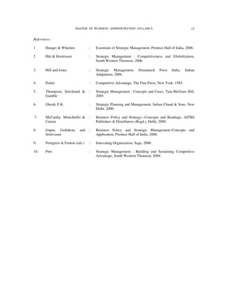 MASTER OF BUSINESS ADMINISTRATION SYLLABUS                                  15


References :

1      Hunger & Wheelen            :   Essentials of Strategic Management, Prentice Hall of India, 2006.

2      Hitt & Hoskisson            :   Strategic Management : Competitiveness and Globalization,
                                       South Western Thomson, 2006.

3.     Hill and Jones              :   Strategic Management,       Dreamtech     Press   India,   Indian
                                       Adaptation, 2006.

4.     Porter                      :   Competitive Advantage, The Free Press, New York, 1985.

5.     Thompson, Strickland &      :   Strategic Management : Concepts and Cases, Tata McGraw Hill,
       Gamble                          2005.

6.     Ghosh, P.K.                 :   Strategic Planning and Management, Sultan Chand & Sons, New
                                       Delhi, 2000.

7.     McCarthy, Minichiello &     :   Business Policy and Strategy—Concepts and Readings, AITBS
       Curran                          Publishers & Distributors (Regd.), Delhi, 2000.

8.     Gupta, Gollakota      and   :   Business Policy and Strategic Management–Concepts and
       Srinivasan                      Application, Prentice Hall of India, 2006.

9.     Pettigrew & Fenton (eds.)   :   Innovating Organization, Sage, 2000.

10.    Pitts                       :   Strategic Management : Building and Sustaining Competitive
                                       Advantage, South Western Thomson, 2004.
 
