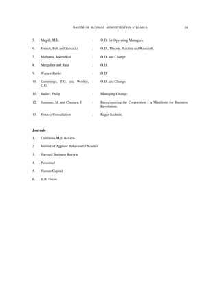 MASTER OF BUSINESS ADMINISTRATION SYLLABUS                             39


5.    Mcgill, M.E.                      :      O.D. for Operating Managers.

6.    French, Bell and Zawacki          :      O.D., Theory, Practice and Research.

7.    Malhotra, Meenakshi               :      O.D. and Change.

8.    Mergulies and Raia                :      O.D.

9.    Warner Burke                      :      O.D.

10.   Cummings, T.G. and Worley,        :      O.D. and Change.
      C.G.

11.   Sadler, Philip                    :      Managing Change.

12.   Hammer, M. and Champy, J.         :      Reengineering the Corporation : A Manifesto for Business
                                               Revolution.

13.   Process Consultation              :      Edger Sachein.



Journals :

1.    California Mgt. Review

2.    Journal of Applied Behavioural Science

3.    Harvard Business Review

4.    Personnel

5.    Human Capital

6.    H.R. Focus
 