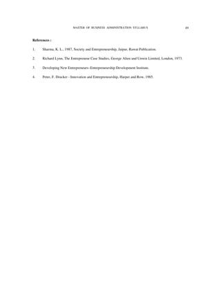 MASTER OF BUSINESS ADMINISTRATION SYLLABUS                               49


References :

1.    Sharma, K. L., 1987, Society and Entrepreneurship, Jaipur, Rawat Publication.

2.    Richard Lynn, The Entrepreneur Case Studies, George Alien and Unwin Limited, London, 1973.

3.    Developing New Entrepreneurs−Entrepreneurship Development Institute.

4.    Peter, F. Drucker - Innovation and Entrepreneurship, Harper and Row, 1985.
 