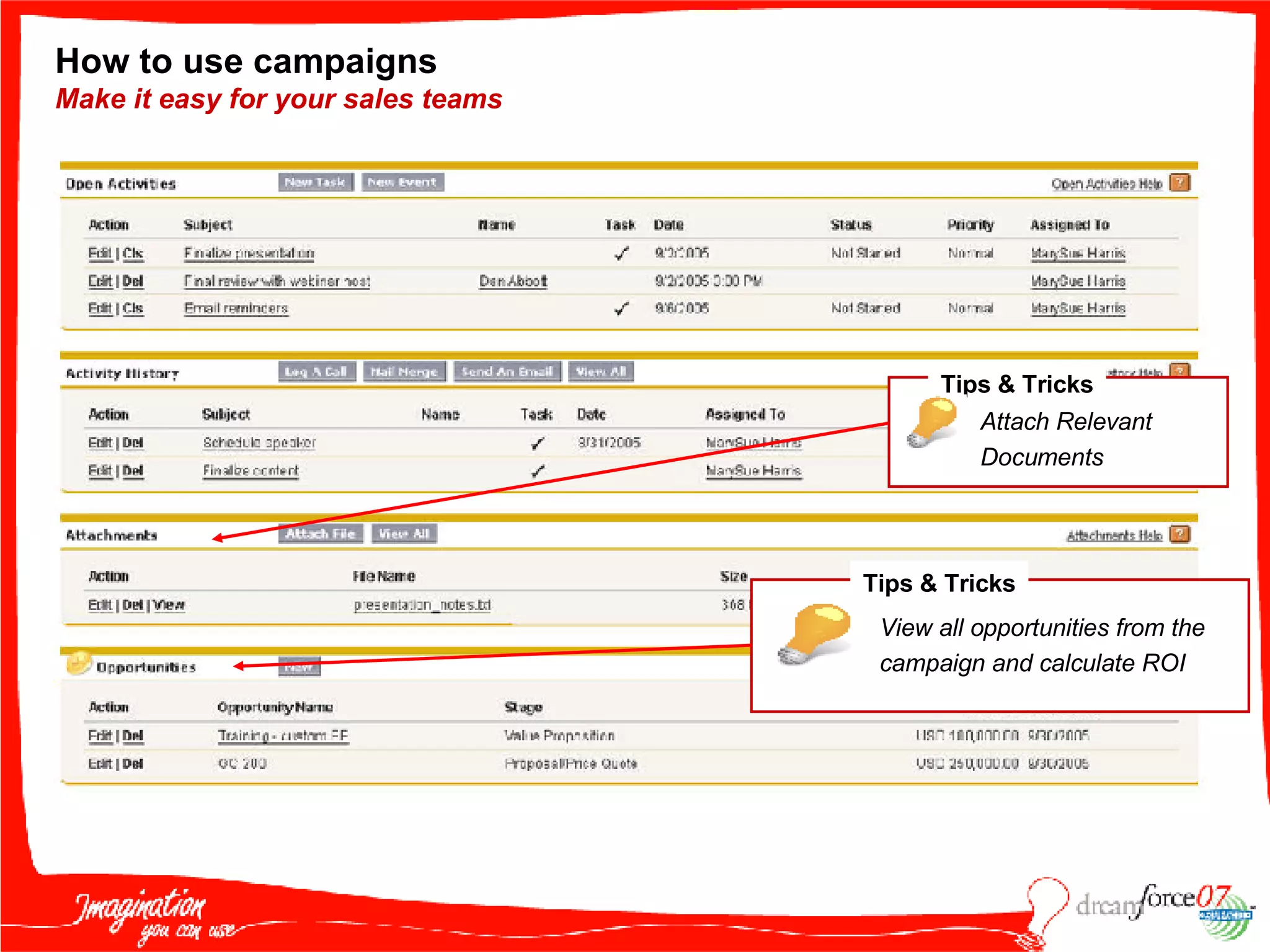 How to use campaigns  Make it easy for your sales teams Tips & Tricks Attach Relevant Documents Tips & Tricks View all opportunities from the campaign and calculate ROI 