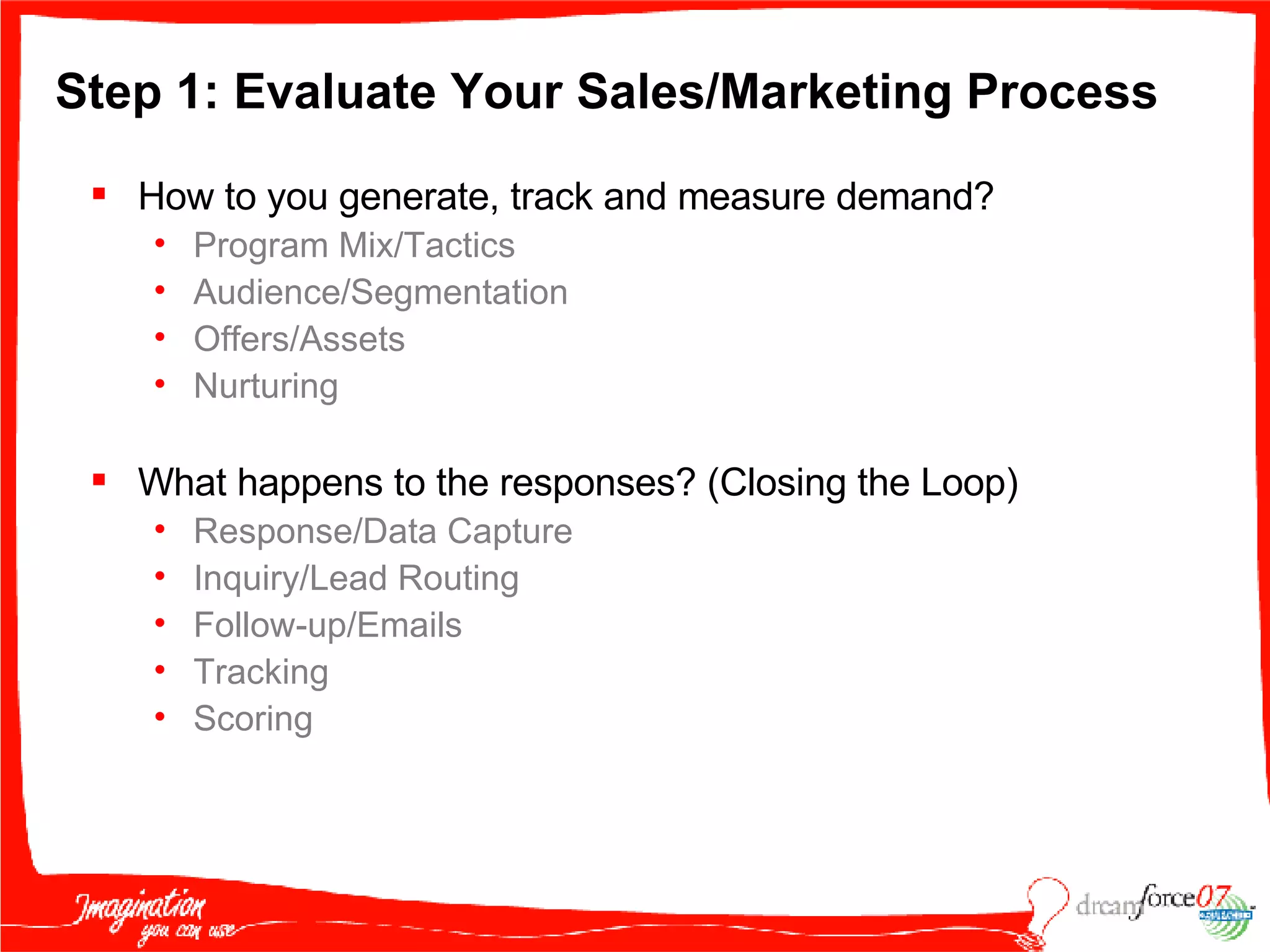 Step 1: Evaluate Your Sales/Marketing Process How to you generate, track and measure demand? Program Mix/Tactics Audience/Segmentation Offers/Assets Nurturing What happens to the responses? (Closing the Loop) Response/Data Capture Inquiry/Lead Routing Follow-up/Emails Tracking Scoring 