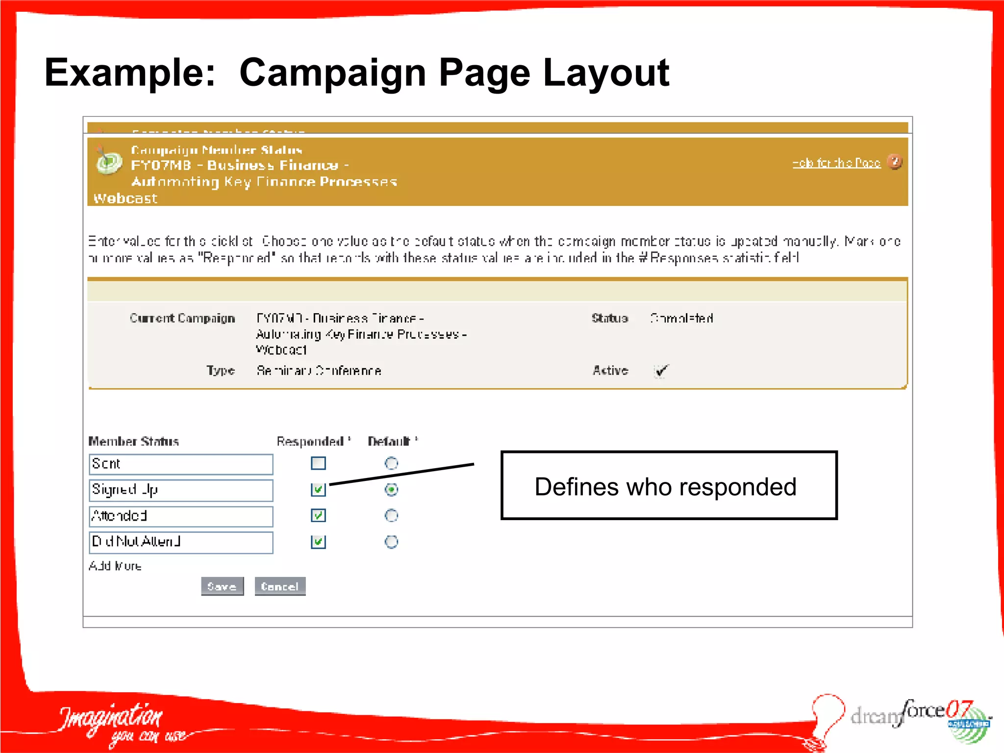Example:  Campaign Page Layout Defines who responded  