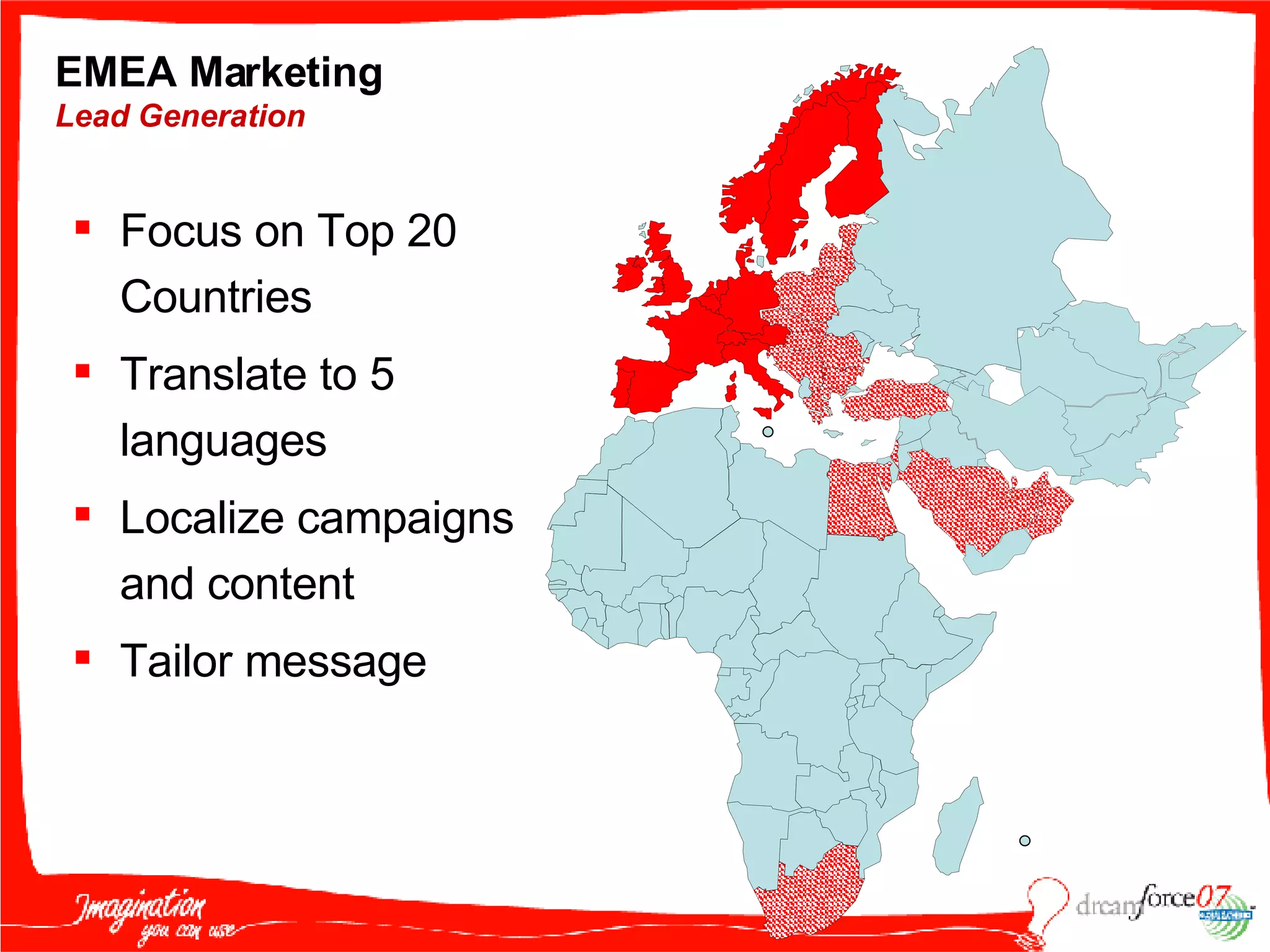 Focus on Top 20 Countries Translate to 5 languages Localize campaigns and content Tailor message EMEA Marketing  Lead Generation 